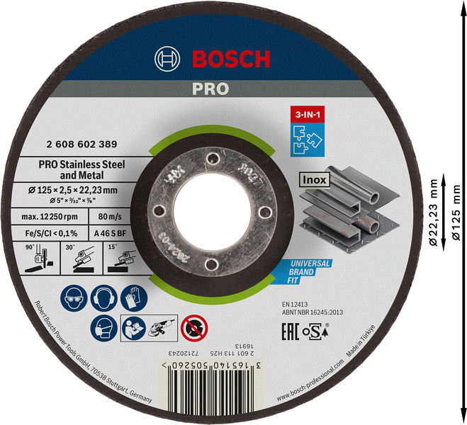 PRO Stainless Steel and Metal 3-in-1 Disc, 125 x 2,5 x 22,23 mm