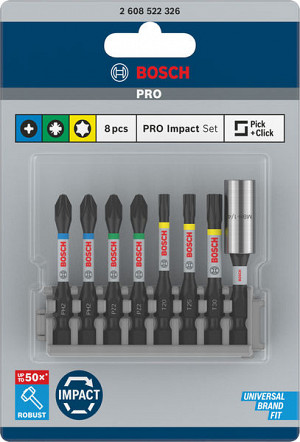 8-delni komplet PRO Impact Set s standardnim držalom in škatlo Pick and Click, PH2 (2x), PZ2 (2x), T20, T25, T30, BH