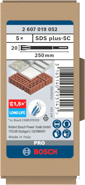 Komplet ploščatih dlet PRO SDS plus-5C, 20 x 250 mm, 5-delni