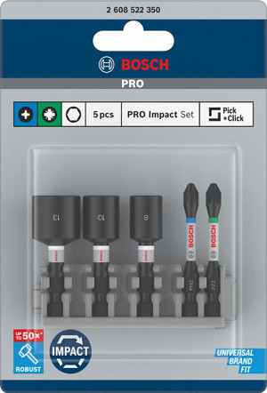 PRO Impact Set z natičnimi ključi in škatlo Pick and Click, PH2x50, PZ2x50, NS8x50, NS10x50, NS13x50 mm, 5 kosov