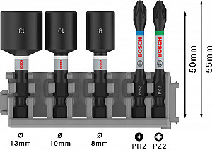 PRO Impact Set z natičnimi ključi in škatlo Pick and Click, PH2x50, PZ2x50, NS8x50, NS10x50, NS13x50 mm, 5 kosov